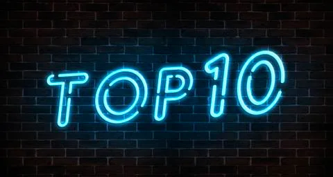 Top 10 neon light text on empty red brick wall banner. Bright neon sign Stock Illustration