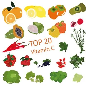 Top 20 Vitamins C. Vegetables, fruits, greens, vector object. Set. Stock Illustration