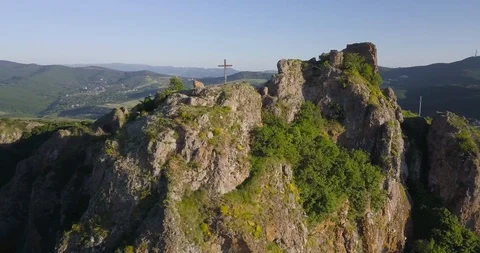 Top Aerial close flight around shot on the Beautiful Castle On Top Of A Mountain Stock Footage 109086056