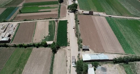 Top aerial drone scene of small local crops gravel road crossing at the middle 스톡 동영상 103522247