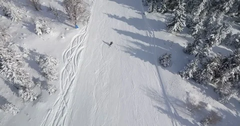 Top aerial drone view two skiers skiing on ski slope in a beautiful forest Stock Footage 125349433