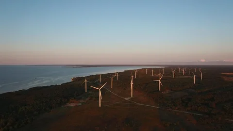 Top aerial drone view of the wind turbines at the coast of Baltic Sea Stock Footage 101717882