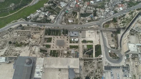 Top aerial of locked down Davidson Center and Dung Gate of Jerusalem. File3-02 Stock Footage 128142064
