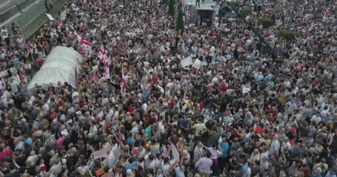 Top Aerial Overhead Shot On Protesting People Manifestation In Tbilisi Stock Footage 137807028