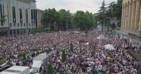 Top Aerial Overhead Shot On Protesting People Manifestation In Tbilisi Stock Footage 137808867