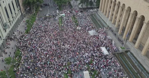 Top Aerial Overhead Shot On Protesting People Manifestation In Tbilisi Stock Footage 137816675