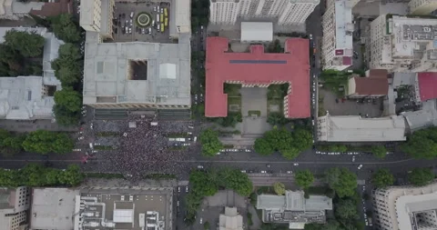 Top Aerial Overhead Shot On Protesting People Manifestation In Tbilisi Stock Footage 137816852