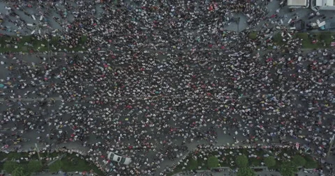 Top Aerial Overhead Shot On Protesting People Manifestation In Tbilisi Stock Footage 137817934