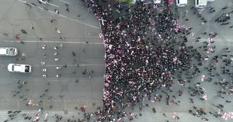Top Aerial overhead shot on Protesting people manifestation in Tbilisi Stock Footage 142177436