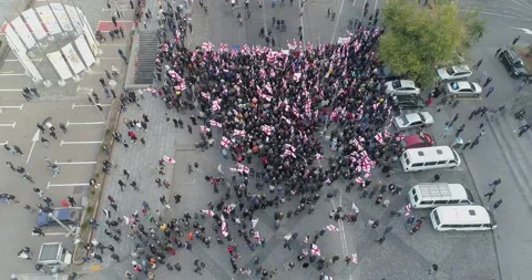 Top Aerial overhead shot on Protesting people manifestation in Tbilisi Stock Footage 142180500