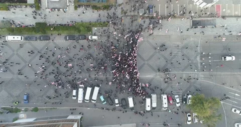 Top Aerial overhead shot on Protesting people manifestation in Tbilisi Stock Footage 142181015