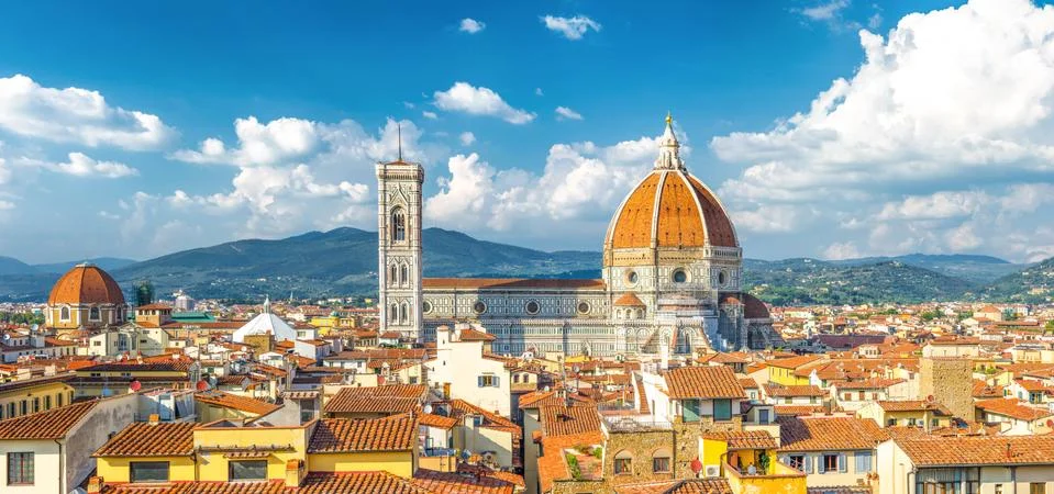 Top aerial panoramic view of Florence city with Duomo Cattedrale di Santa Mar Stock Photos