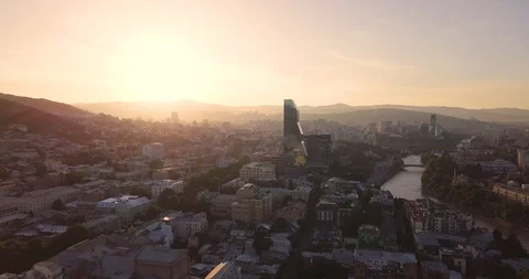 Top Aerial Sunset extra long shot and Hotel Biltmore in Tbilisi City Stock Footage 108065488
