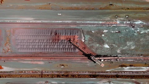 Top aerial view of conveyor system and piles of iron ore at mining operation Stock Footage 333142178