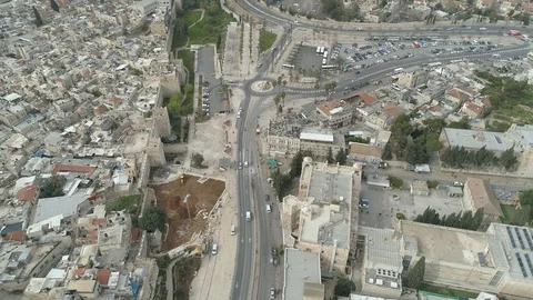 Top aerial view of empty Damascus Gate of Old City Jerusalem. File7-04 Stock-Footage 128147662