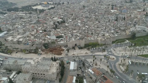 Top aerial view of empty Damascus Gate of Old City Jerusalem. File7-05 스톡 동영상 128148350