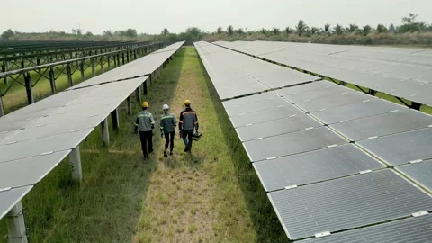 Top aerial view of Engineers checking a Solar Panels and walking in solar farm. Stock Footage 238578703