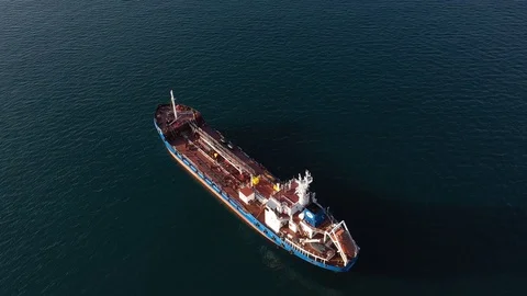 Top aerial view of the large empty container ship sailing in sea to loading port Stock Footage 117928489