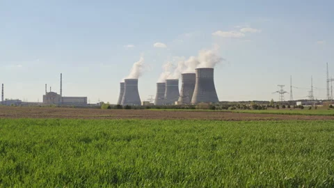 Top aerial view to nuclear power plant. Atomic power stations sources of Stock Footage 182024968