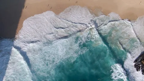 Top Aerial View of Ocean Waves Breaking on the Shore of Tropical Sand Beach Stock Footage 111757151