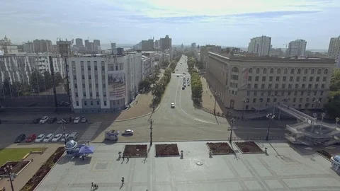 Top aerial view over the fountain on the square Russia Khabarovsk Lenin square Stock Footage
