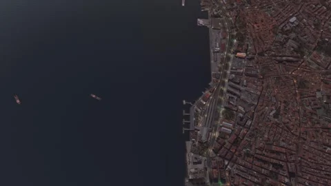 Top aerial view at sunset from drone of Cargo Ship bay in Lisbon. Portugal Stock Footage 269629477