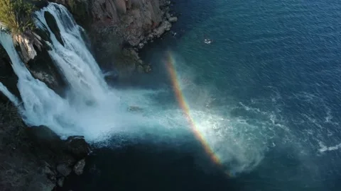 Top aerial view on a waterfall falling from a cliff Stock Footage 195243010