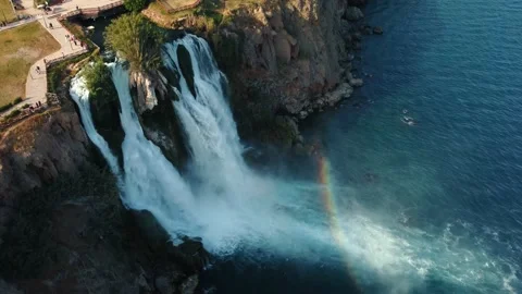 Top aerial view on a waterfall falling from a cliff Stock Footage 195243035