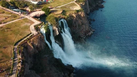 Top aerial view on a waterfall falling from a cliff Stock Footage 195243090
