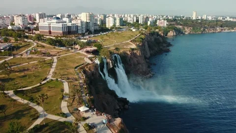 Top aerial view on a waterfall falling from a cliff Stock Footage 195243175