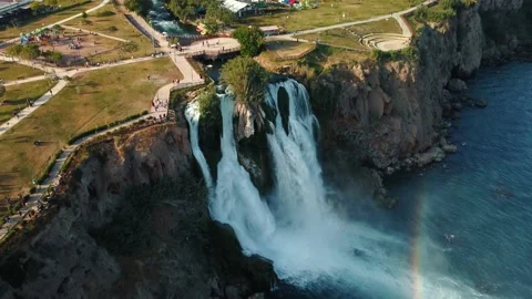 Top aerial view on a waterfall falling from a cliff Stock Footage 195243233