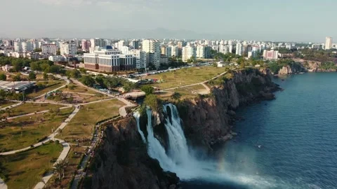 Top aerial view on a waterfall falling from a cliff Stock Footage 196740978