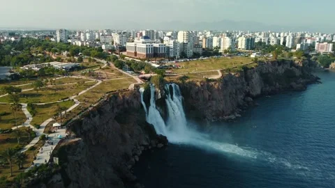 Top aerial view on a waterfall falling from a cliff Stock Footage 196741023