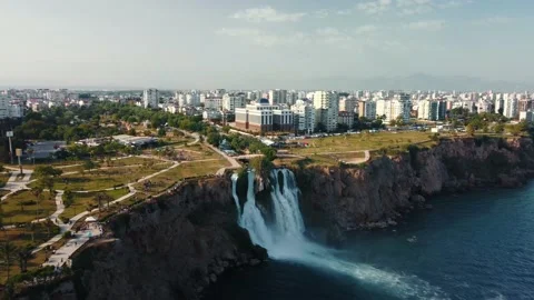 Top aerial view on a waterfall falling from a cliff Stock Footage 196741083