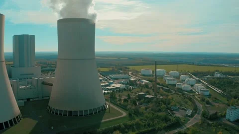 Top aerial view of a working coal burning power plant at an industrial zone Stock Footage 205001153