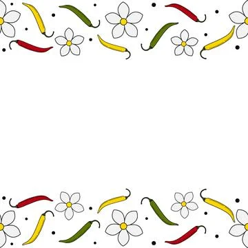 Top and Bottom Seamless Frame borders of chili peppers, flowers and peppercorns Stock Illustration