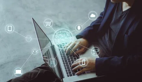 Top angle and closeup view  of businessman using the laptop making online sho Stock Photos