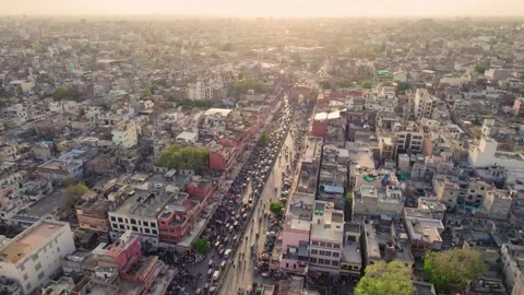 Top-angle drone moving aerial shot of an Urban Indian downtown city traffic road Stock Footage 249835112