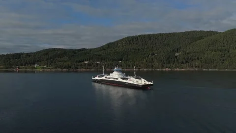 Top angle of ferry cruising between fjord cliffs, Norway transport Stock Footage 320730306