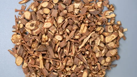 Top angle pan view ChaiHu or Bupleuri Radix or Chinese Thorawax Root Stock Footage 146588003