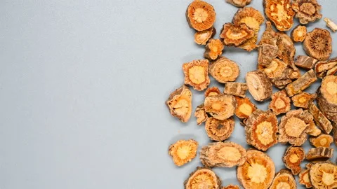 Top angle pan view herb FangFeng or Saposhnikoviae Radix or Divaricate Saposh Stock Footage 145723374