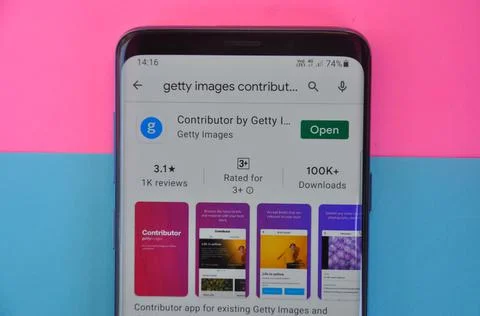  Top angle shot of Contributor by Getty Images app displaying on Play Store  Foto stock