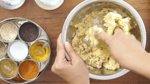 Top Angle shot- Flour mixing in Bowl 動画素材 80419340
