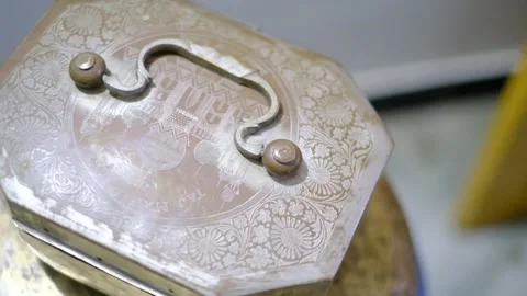Top angle view of antique Indian copper vault for the coin collection. Stock Footage 240524057