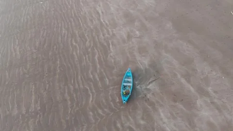 Top angle view of blue boat at the sea cost sand. Stock Footage 258466520