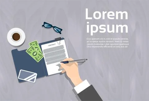 Top Angle View Of Business Man Signing Contract Document Workplace Banner With Illustrazione stock