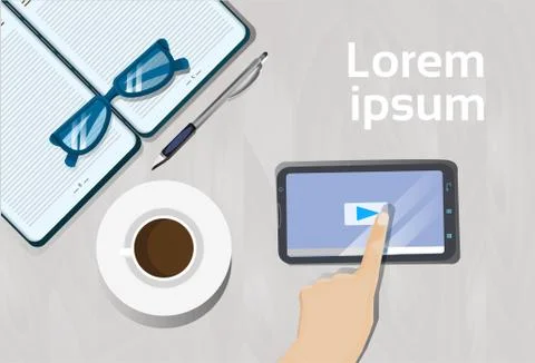 Top Angle View Of Female Hand Touching Play Button On Smart Phone Over Wooden Stock Illustration