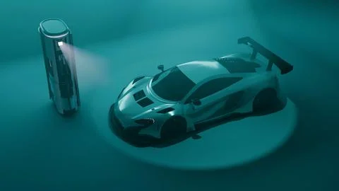 Top angle view of supercar at charging station with spotlight 库存插图