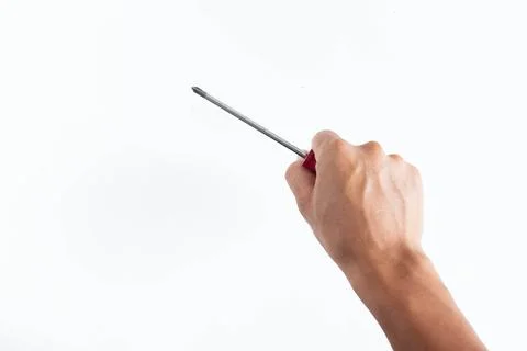 Top angle of young man right handed, holding philip screw driver on white bac Stock Photos