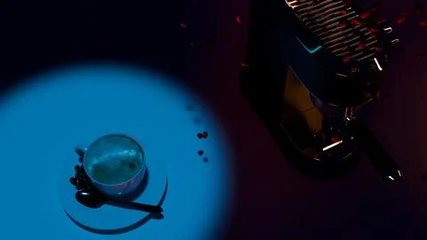 Top-angled view of cup and espresso machine with beans drifting in blue light Foto stock